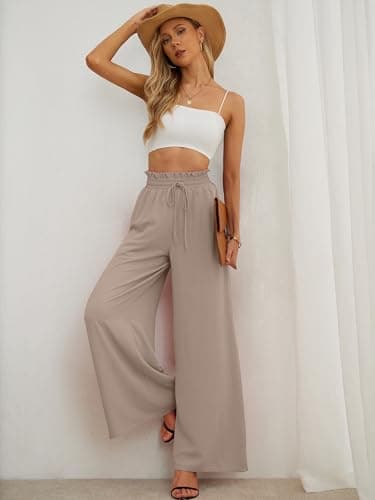 AusLook Women's Wide Leg Dress Pants with Pockets Wheat X-Large Lightweight Elastic High Waisted Adjustable Tie Knot Flowy Loose Slacks Lounge Casual Ladies Beach Pleated Trousers - Thumbnail 4