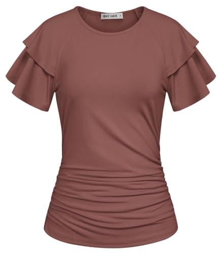 GRACE KARIN Summer Tops for Women Dressy Casual, Ruffle Short Sleeve Work Shirt, 2026 Spring Blouses Chocolate Brown Medium - Image 1