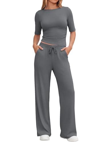 Casly Lamiit Two Piece Sets for Women Lounge Sets Summer Workout Sets Casual Active Wear Airport Travel Outfit Half Sleeve Wide Leg Pants Sweatsuit Dark Grey L - Image 1