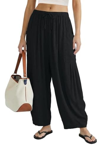 COCOMARTS Womens Linen Wide Leg Palazzo Pants Casual Loose Elastic Drawstring Flowy Pant 2025 Fall Travel Baggy Harem Pants with Pocket Black XX-Large - Image 1