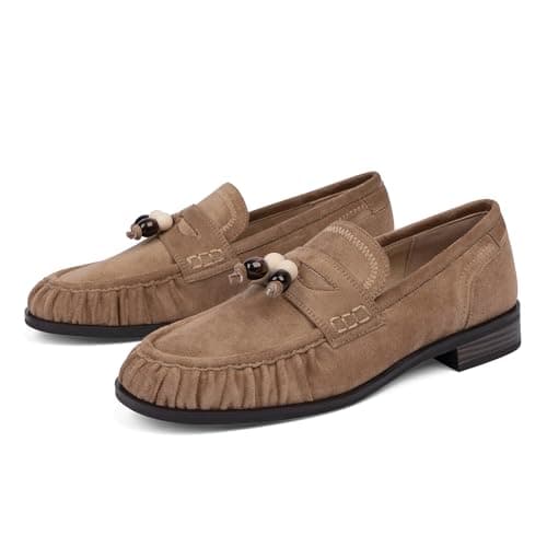 VIUGJNEX Loafers for Women Tan Flats Shoes Women Dressy Comfortable Ruched Toe Beaded Moccasins Womens Faux Suede Womens Loafers Slip on Office Work Flats Casual Walking Shoes Size 9 - Thumbnail 4
