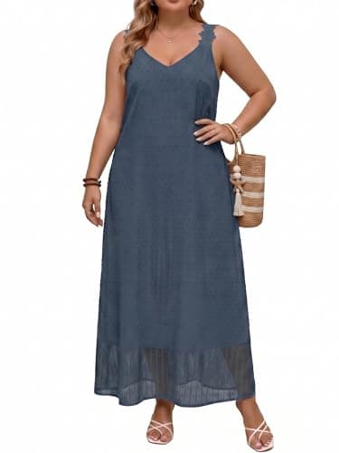 Womens Summer Plus Size Sundress Swiss Dot Sleeveless V Neck Casual Flowy Beach Vacation Maxi Dresses Curvy Women 2026 Spaghetti Strap Cover Ups Navy Blue 1X - Image 1