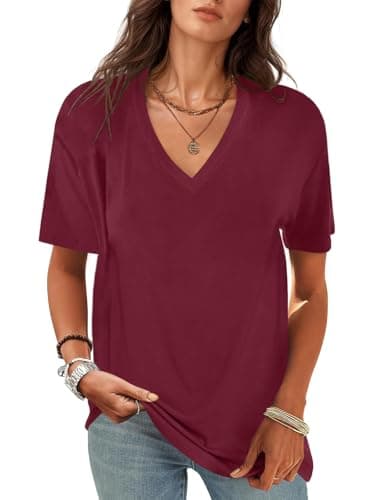 UNCLECAT Women's V-Neck T Shirts Sexy Short Sleeve Tops Summer Oversized Tees Wine Red - Image 1