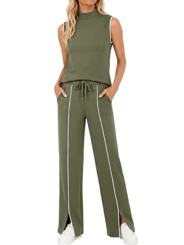 Casly Lamiit Lounge Set Casual 2 Piece Sets for Women Summer Beach Outfits Sleeveless Tank Top Airport Vacation Clothing Sets Army Green L - Image 1