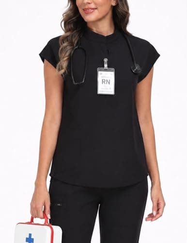 VECARDI Women's Scrub Top Zip Front Stretch Short Sleeve Nurse Uniform Shirt with Pockets Badge Loop Black - Thumbnail 3