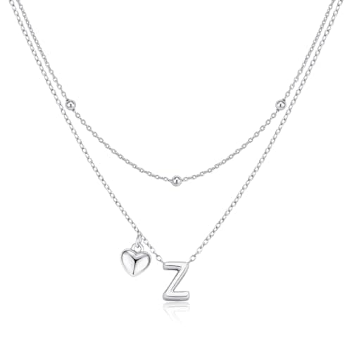 adoyi Silver Heart Initial Necklaces for Women 14k Gold Plated Layered bubble Letter Necklace Dainty Heart Z Pendant Necklace Stack Birthday Valentines Gifts for Women Jewelry