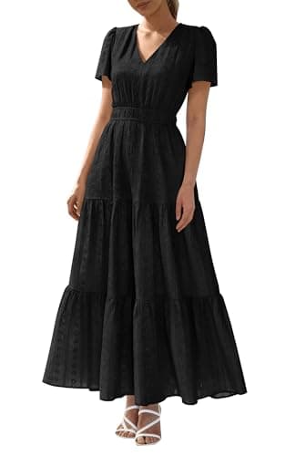 BTFBM Womens Summer Dresses 2026 V Neck Hollow Out Eyelet A Line Flowy Boho Beach Vacation Wedding Guest Maxi Dress(Black, XX-Large) - Image 1