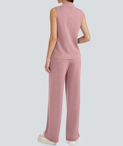 Casly Lamiit Womens 2 Piece Lounge Sets Casual Travel Outfits Sweat Suit Active Mock Neck Tank Tops Track Pants Matching Airport Clothes Dark Pink L - Thumbnail 5