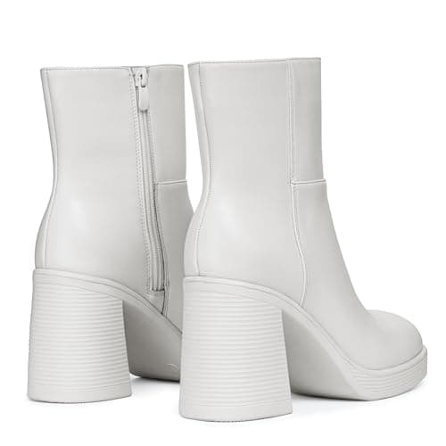 Athlefit Women's Platform Ankle Boots High Chunky Block Heel White Boots Square Toe Fashion Dress Heeled Booties Size 5.5 - Thumbnail 5