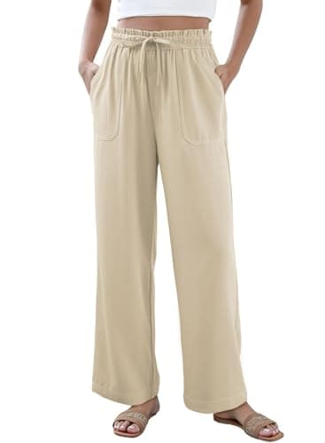 Dokotoo Cargo Pants Stretch Drawstring Tie Elastic High Waist Wide Leg Pants for Women Casual Dressy Solid Cozy Spring Lightweight Loose Womens Palazzo Trousers with Pockets Fashion Clothing Beige M - Image 1