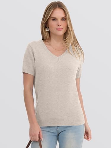 ANRABESS Women’s 100% Wool Sweater，Office Work V Neck Short Sleeve Sweaters ，Soft & Lightweight， Business Casual Tops Apricot Small - Thumbnail 2