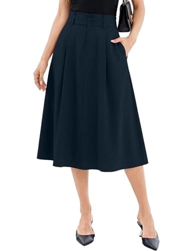 Casly Lamiit Women's Skirts A Line Long Skirt Dressy Summer Work Skirt with Pockets Flared Skirts Office Navy Blue L - Image 1