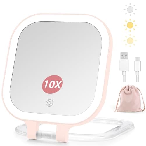 DESCHEN Rechargeable Travel Makeup Vanity Mirror with Lights and Magnification, 7" Portable 1X/10X Magnifying Mirror with 3 Color Light, Lighted Makeup Mirror with Magnification, Folding LED - Pink