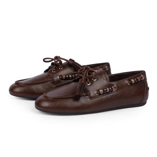 QIY Brown Loafers for Women Fringe Beaded Moccasins Dressy Flats Slip on Driving Loafers Comfortable Lightweight Office Casual Wear Flats Size 6.5 - Image 1