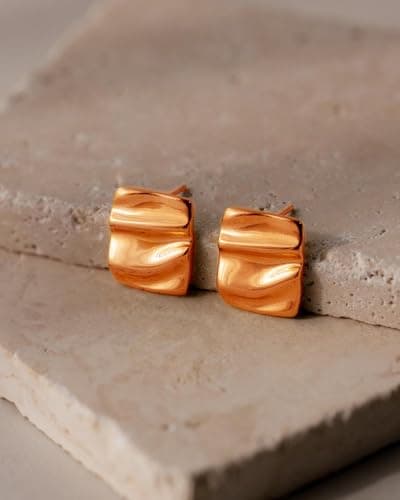 UANNEAU Rose Gold Chunky Earrings for Women Trendy, 14K Plated Gold Dainty Wavy Square Earrings Statement Minimalist Hypoallergenic Stud Earrings - Thumbnail 6