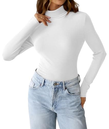 GKBK Womens Long Sleeve Shirts Mock Turtleneck Turtle Neck Fall Fashion Basic Thermal Underwear Layer Tops Tight Slim Fit Cute Ribbed T-Shirts Winter Pullover Clothes 2025 White S - Thumbnail 6