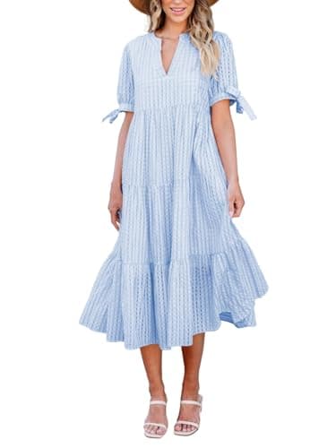 Theenkoln Womens Casual Midi Dress: Short Sleeve V-Neck Empire Waist Gingham Spring Fashion Long Trendy Tiered Formal Dresses Light Blue - Image 1