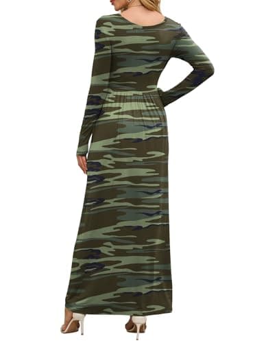 DEARCASE Maxi Dress for Women Camouflage Green Small Round Neck Boho Long Sleeve Wedding Guest A-line Casual Hawaiian Empire Waist Flowy Spring Fall Winter Floor Dresses with Pocket - Thumbnail 3
