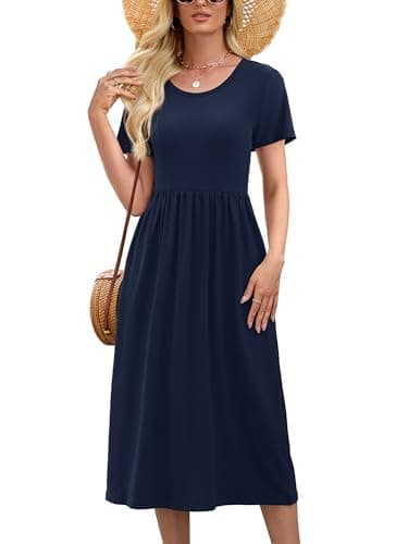 Heymoments Midi Dress for Women Navy Blue X-Large Wedding Guest A line Crewneck Short Sleeve Casual Flowy Swing Cocktail Slimming Birthday Party Summer Travel Long Midi Dresses - Image 1