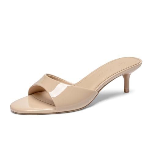 Athlefit Kitten Heels for Women Open Toe Comfortable Dressy Short Low Heels Slip On Party Prom Vacation Heeled Sandals Nude Patent Size 8 - Image 1