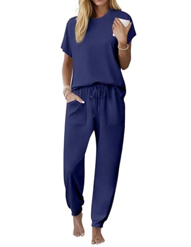 Ekouaer Womens Pajama Sets 100% Cotton Pajamas Short Sleeve Pj Top With Jogger Pants 2 Piece Lounge Set with Pocket Navy Blue M 2 - Image 1