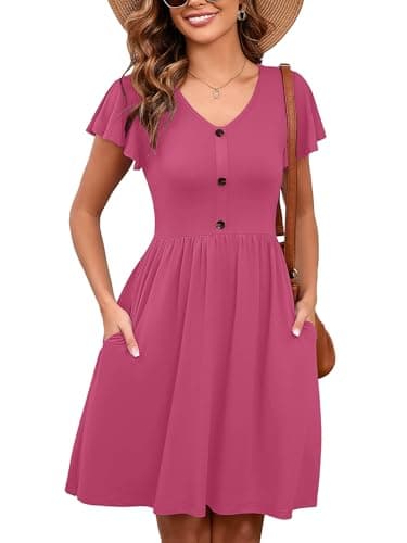 Heymoments Women Summer Dress Ruffle Sleeve Mauve XX-Large V Neck Casual Cute Loose Sundress Comfy Swing Button Down Midi Work Flowy Tunic Ladies Beach Vacation Teacher Dresses with Pockets - Image 1
