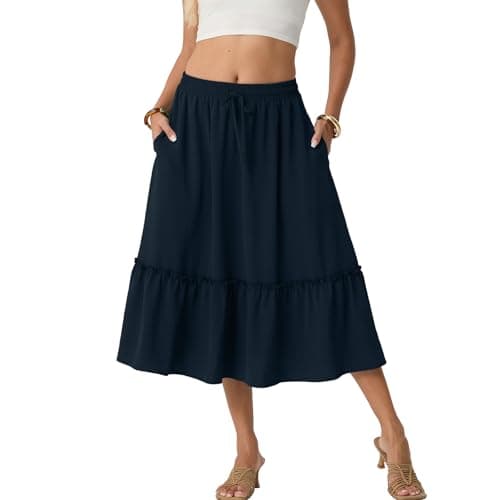 FREEOAK Women's Printed High Waisted A-Line Midi Skirt Flowy Summer Boho Style with Pockets and Elastic Waist for Beach Vacation - Image 1