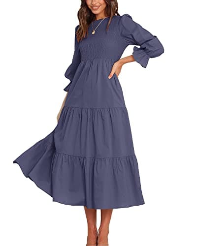 BTFBM Women Casual Long Sleeve Dress Fall Dresses 2025 Solid Color Relaxed Fit Smocked Tiered Flowy Boho Long Dresses(Solid Dark Grey Blue,X-Large) - Image 1