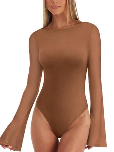 REORIA Women’s Fashion Sexy Boat Neck Classy Bell Sleeve Double Lined Sheer Mesh Cute Night Out Bodysuit Tops For Party Brown XX-Large - Thumbnail 2