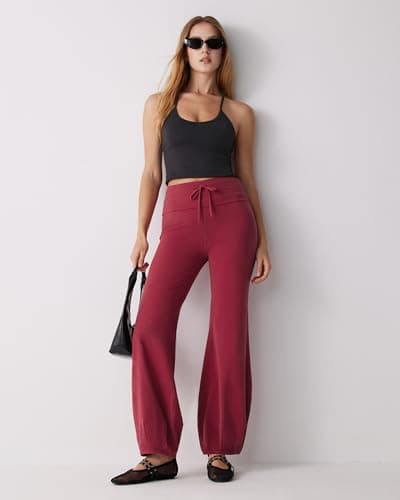 MOOSLOVER Women Quick Step Bubble Pants Drawstring High Waist Flare Leggings Casual Lounge Yoga Active Pant(XL,Burgundy) - Thumbnail 3