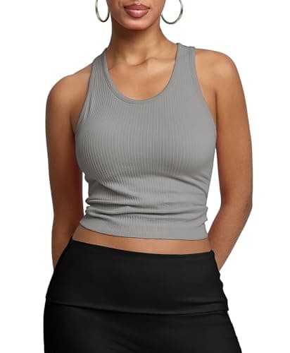 BRXL Women's Ribbed Racerback Tank Tops with Built-in Bra U Neck Sleeveless Fitted Casual Athletic Workout Gym Top Grey S - Image 1