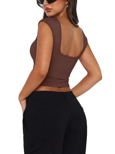 REORIA Womens Sexy Backless Going Out Tops Double Lined Boat Neck Cap Sleeve Shirts Slim Fitted Open Back Y2k Basic Tee, Coffee Medium - Thumbnail 2