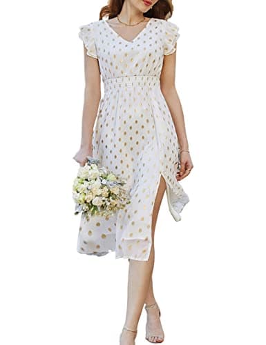 GRACE KARIN 2026 Womens Summer Dresses V Neck Ruffle Sleeve Floral Boho Beach A-Line Dress White-Polka Dot X-Large