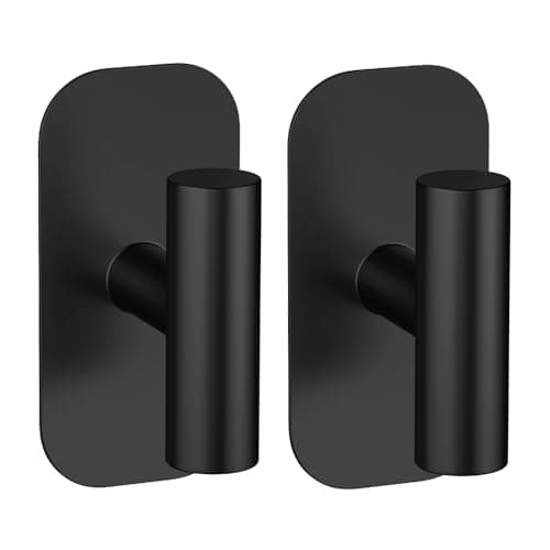 IMUMU Adhesive Towel Hooks for Shower,Waterproof Heavy Duty Bathroom Hooks,Wall Mounted Sticky Hangers for Coats/Aprons/Robes,No Drilling(Black,2 Pack)