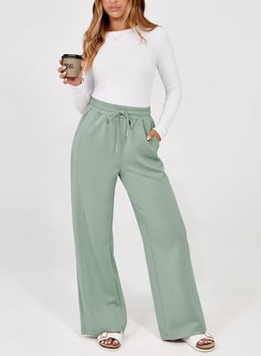 Dokotoo Wide Leg Pants Woman Fall Winter Women's Pants Fashion Trendy Palazzo Pants for Women Casual Elastic Waisted Loose Trousers for Women Smoke Green - Thumbnail 2