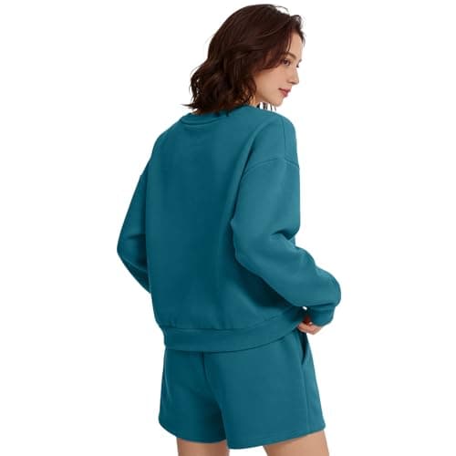 Anyshe Women's 2 Piece Fleece Lined Short Set - High Waisted Crew Neck Sweatshirt & Shorts, Soft Cozy Loungewear for Air Conditioned Rooms & All Season Wear, Denim Blue, Small - Thumbnail 3