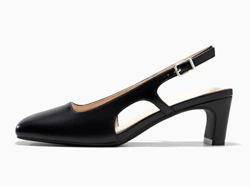 Coutgo Womens Slingback Chunky Low Heels Closed Square Toe Pumps Wedding Party Dress Shoes, Black PU, Size 9.5 - Thumbnail 4