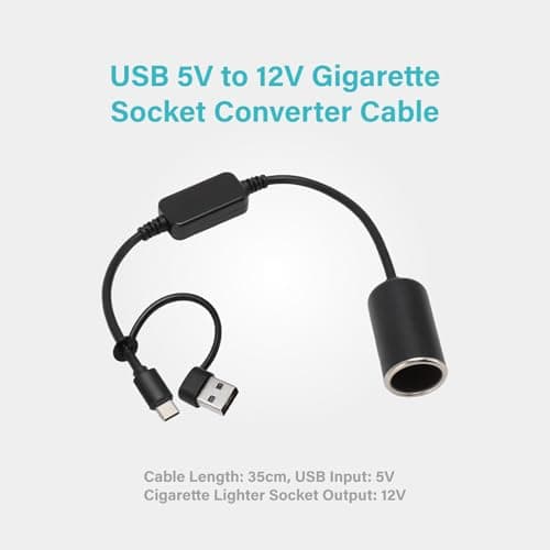 USB to Cigarette Lighter Adapter, 35cm Cable, USB A & C Input 5V, 12V Car Cigarette Lighter Socket Output, Power Converter for Dash Cam, GPS, LED Lights& More - Thumbnail 2