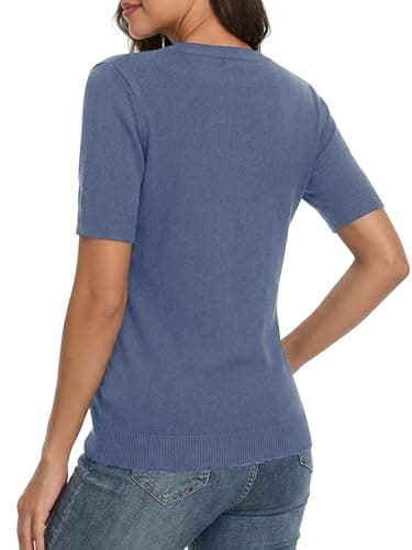 LaGracia Cashmere Sweaters for Women Crewneck Short Sleeve Basic Casual Lightweight Sweater Spring Top Haze Blue XL - Thumbnail 5