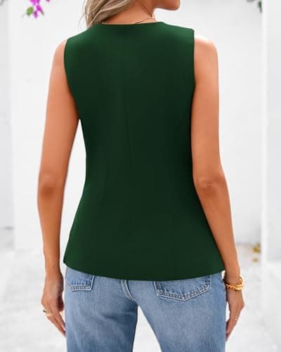 BTFBM Summer Sleeveless Blazer Vest For Women Dressy Button Down Round Neck Business Casual Outfits Work Suit Vests Tops(Dark Green, Large) - Thumbnail 3
