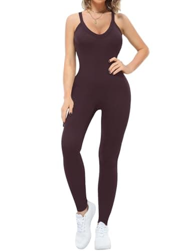VUTRU Women’s Jumpsuits Workout Cross Strap Sexy Sleeveless One Piece Bodysuit Tummy Control Athletic Romper, Dark Brown S - Image 1