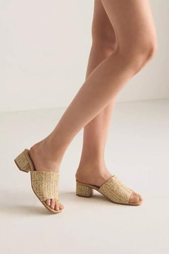 MeiLuSi Raffia Heeled Sandals for Women Chunky Block Heeled Mules Square Open Toe Summer Heels Vacation Dressy Shoes Beach Slides Slip On Raffia Apricot Size 7 - Thumbnail 6