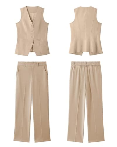 luvamia Vest Pants Suits for Women Dressy 2 Piece Sets Sleeveless Blazer Straight Leg Dress Pants Business Casual Outfit Beige XX-Large Fits US 20-22 - Thumbnail 5