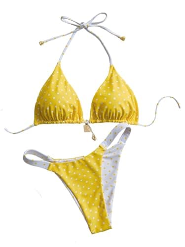 SOLY HUX Women's Polka Dots Bikini Set Halter Triangle String Thong Reversible Summer Beach Two Piece Swimsuit Yellow and White Medium - Image 1