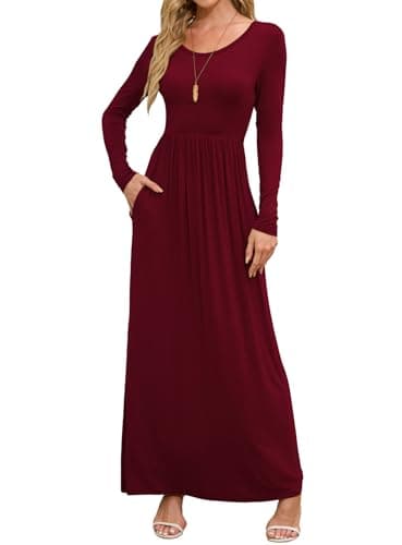 DEARCASE Maxi Dress for Women Burgundy Medium Crewneck Long Sleeves Wedding Guest A-line Plain Casual Empire Waist Flowy Party Vintage Spring Fall Winter Floor Dresses with Pocket - Image 1