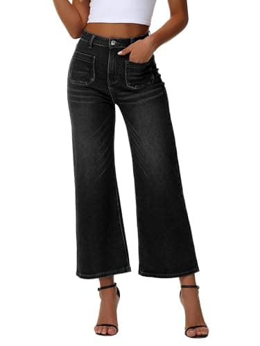 Genleck Women's Wide Leg Jeans – Cropped High Waisted Trendy Front Pockets Jeans Stretchy Capri Baggy Cute Denim Pants 2025 Deep Black - Image 1