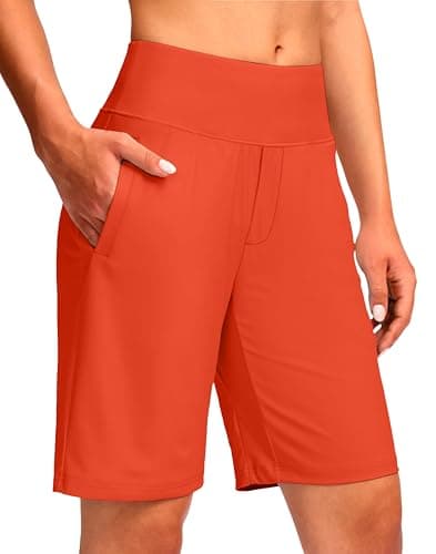 Viodia Women's 9" Long Swim Shorts Modest Swimsuits Bathing Suit Knee Length Bermuda Board Shorts for Women with Pocket Orange - Image 1