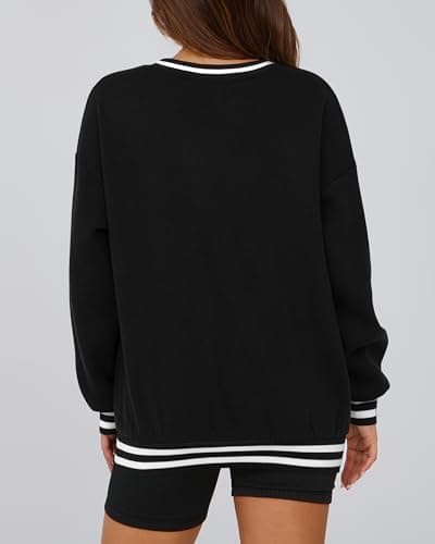 PRETTYGARDEN Women's Oversized Sweatshirts Casual Long Sleeve Stripes Knit V Neck Pullover Top Spring Preppy Clothes(Black,XX-Large) - Thumbnail 5