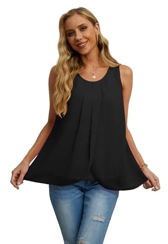 IWOLLENCE Chiffon Blouses for Women Double Layers Blouse Loose Round Neck Casual Loose Tank Tops Black X-Large - Thumbnail 3