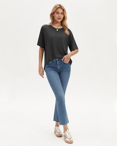 Stelle Women Crew Neck Short Sleeve T Shirts Summer Tops Oversized Tshirts Soft Basic Tee Shirt Charcoal X-Small - Thumbnail 4